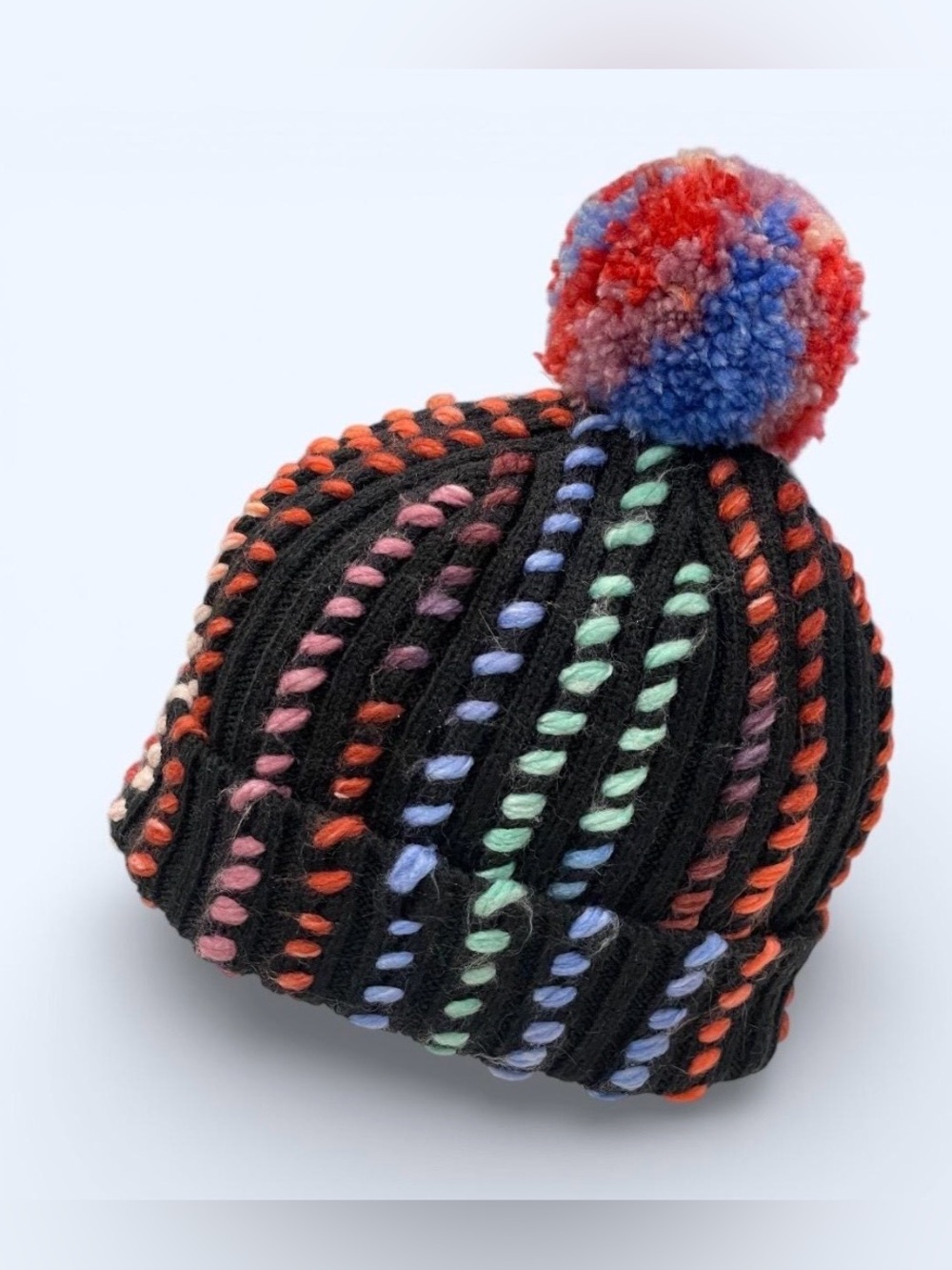Black and Rainbow Beanie with Pompom